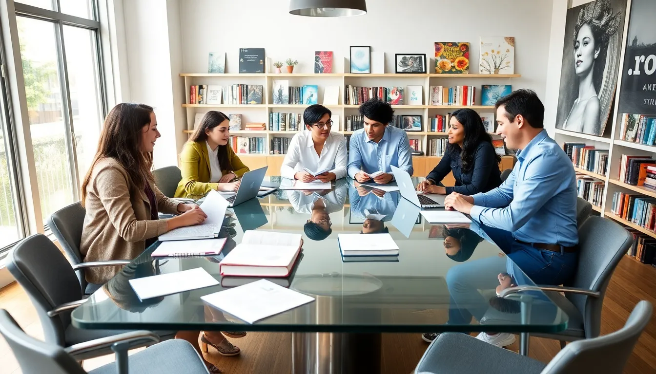 team collaborating at a publishing house in a modern office.