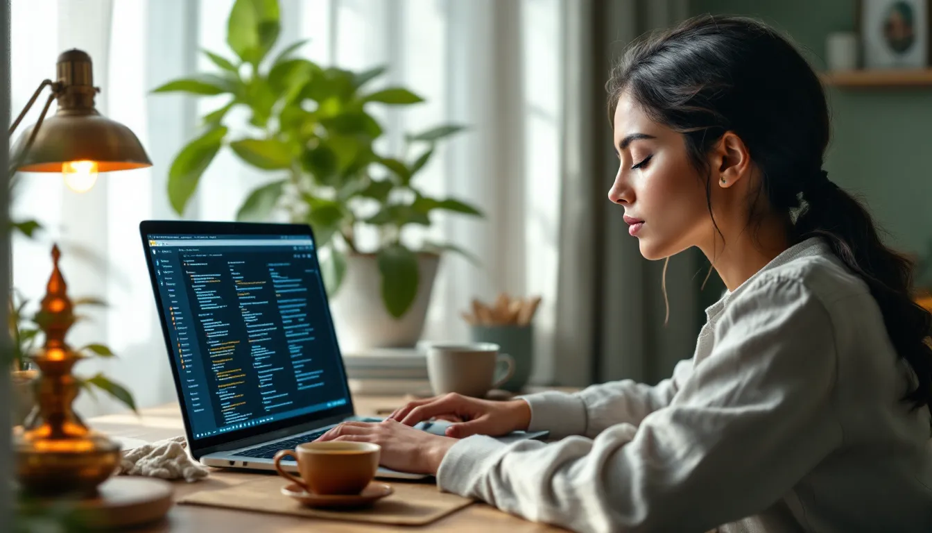 Woman pausing with closed eyes at her laptop beside a brass lamp and turmeric tea.