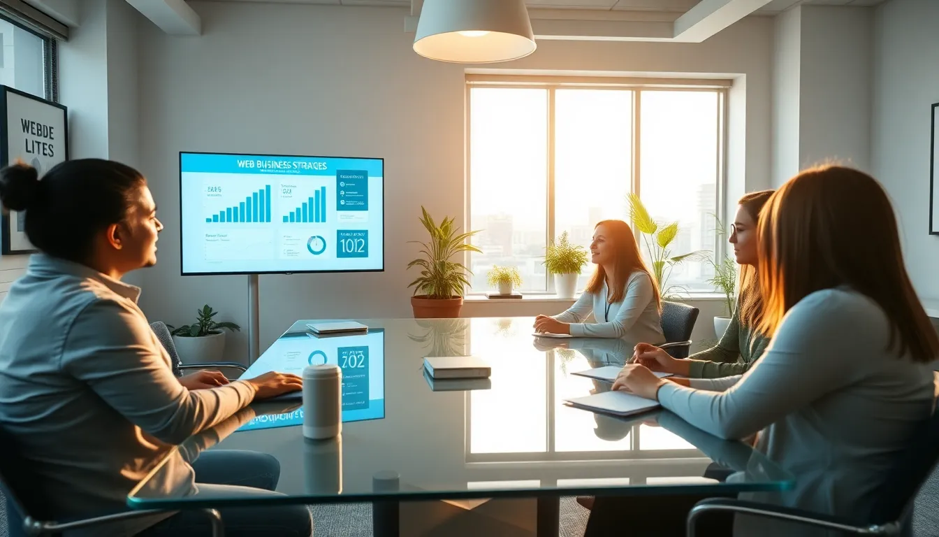diverse team collaborating on web business strategies in a modern office.