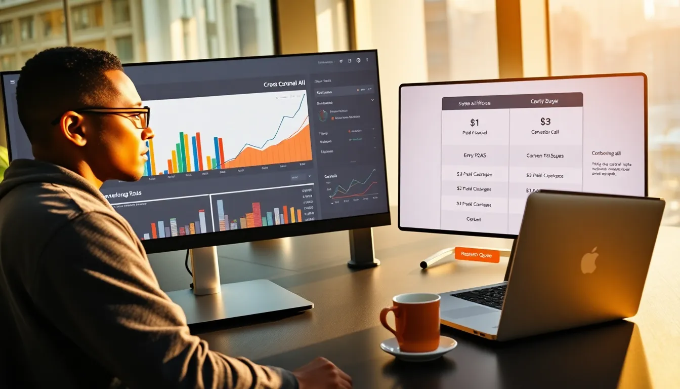 Analyst reviews quote-based pricing tiers beside an attribution dashboard in a US office.