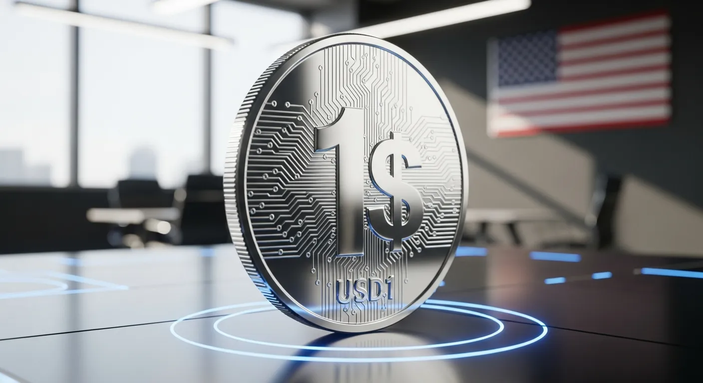 Close-up of a shiny USD1 stablecoin with US flag in modern office background