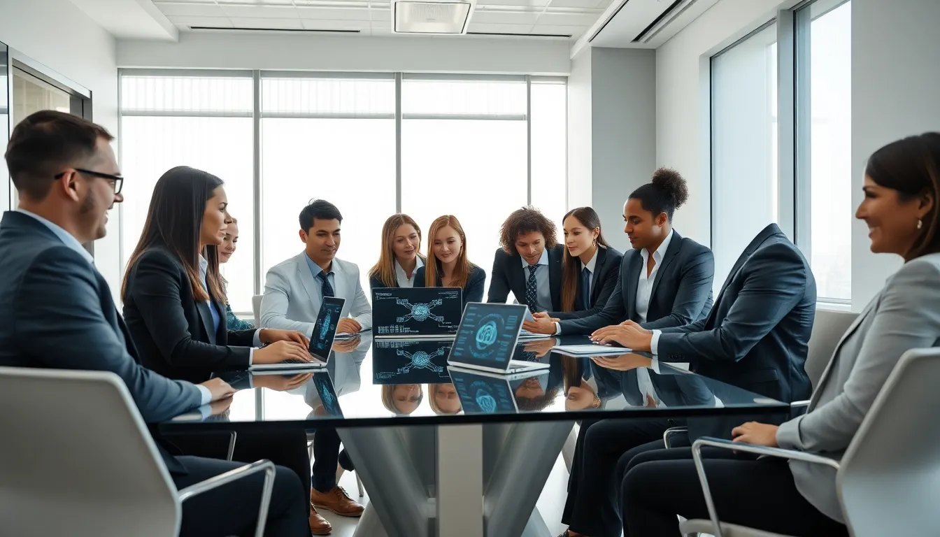 diverse professionals collaborating in a modern office setting.