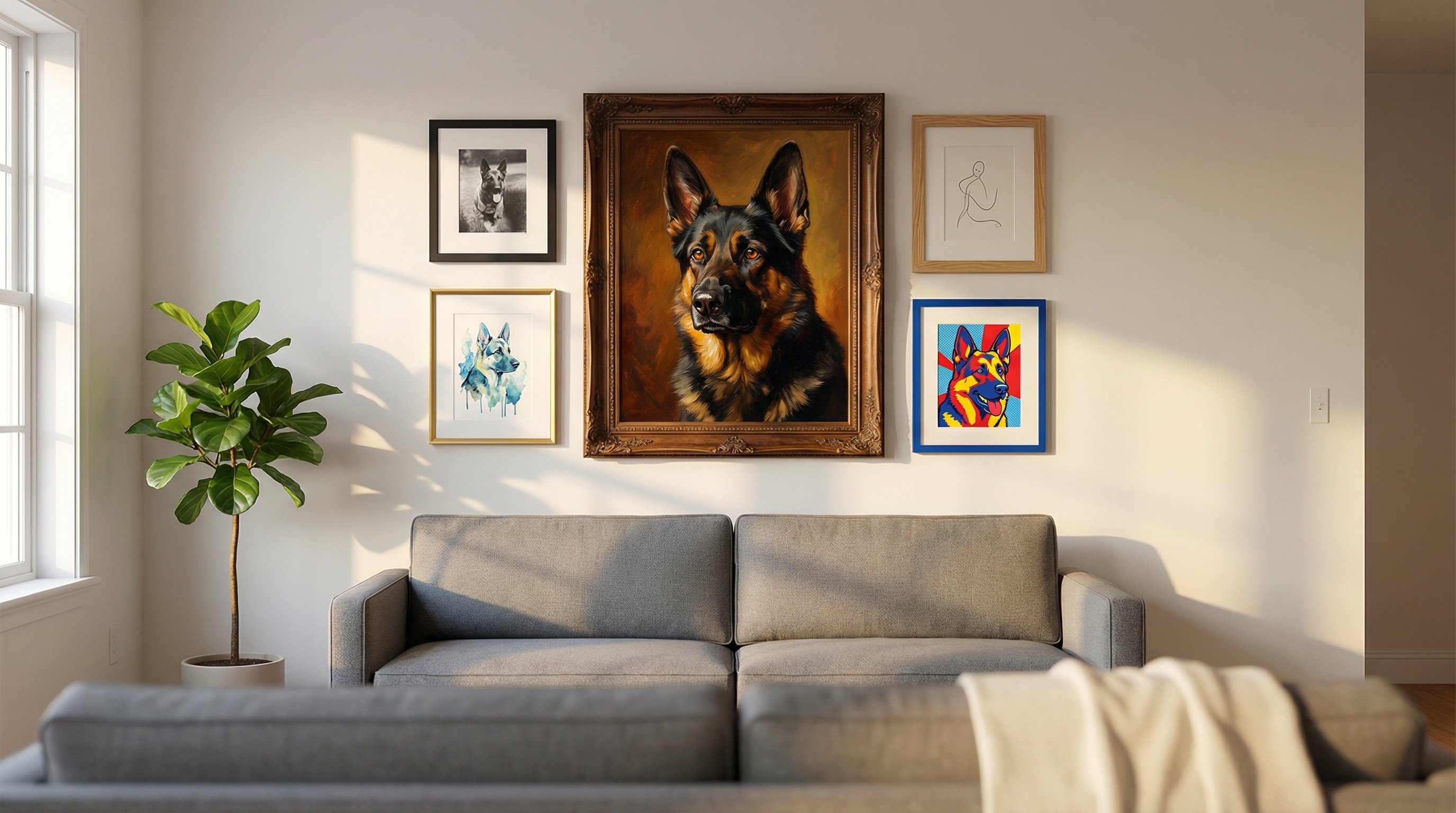 Gallery wall displaying German Shepherd portraits in various art styles in a living room.