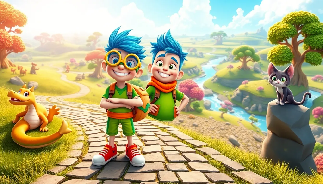 Larry, a colorful character, explores a vibrant game world with quirky companions.