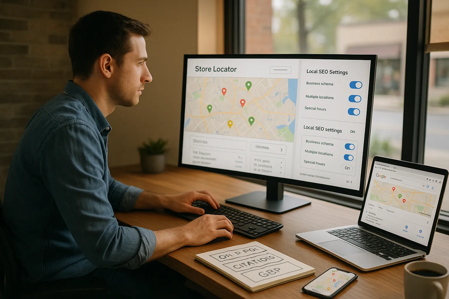 Marketer optimizing a multi‑location business website with maps and local SEO tools.