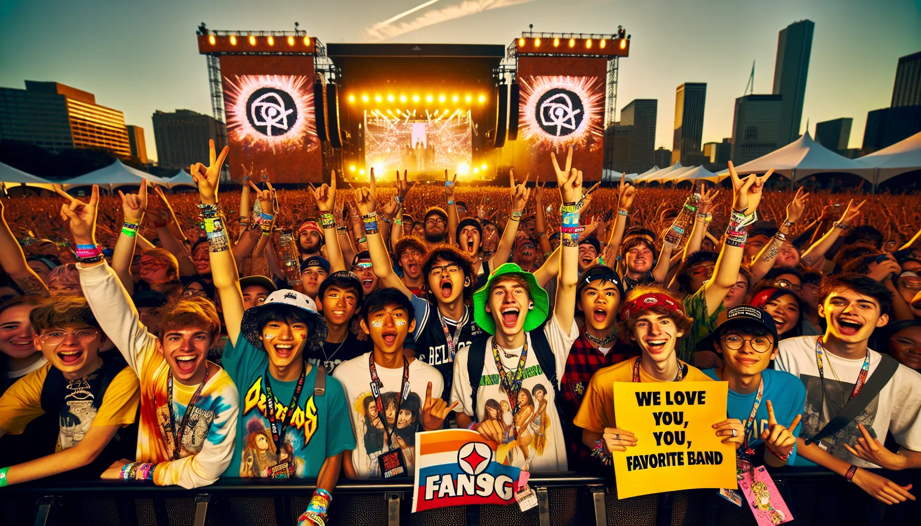 A group of young BTS fans celebrating at an outdoor concert in the US.