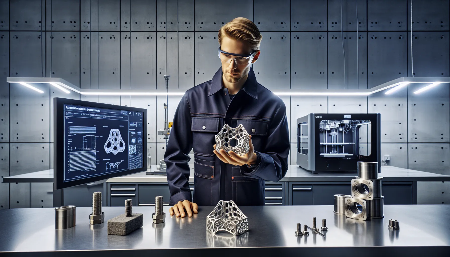 Norwegian engineer inspecting a lightweight 3d-printed metal machine part in a lab.