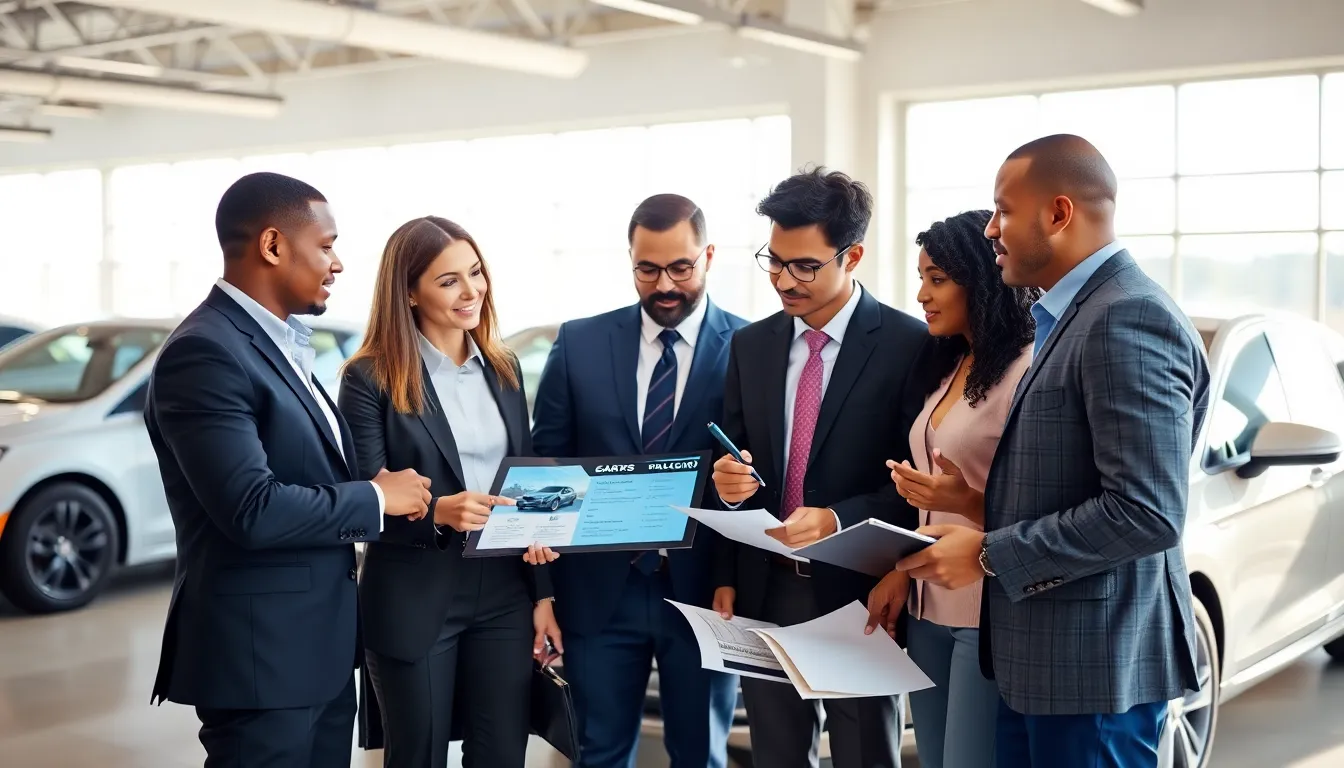 professionals discussing no down payment car loans in a modern dealership.