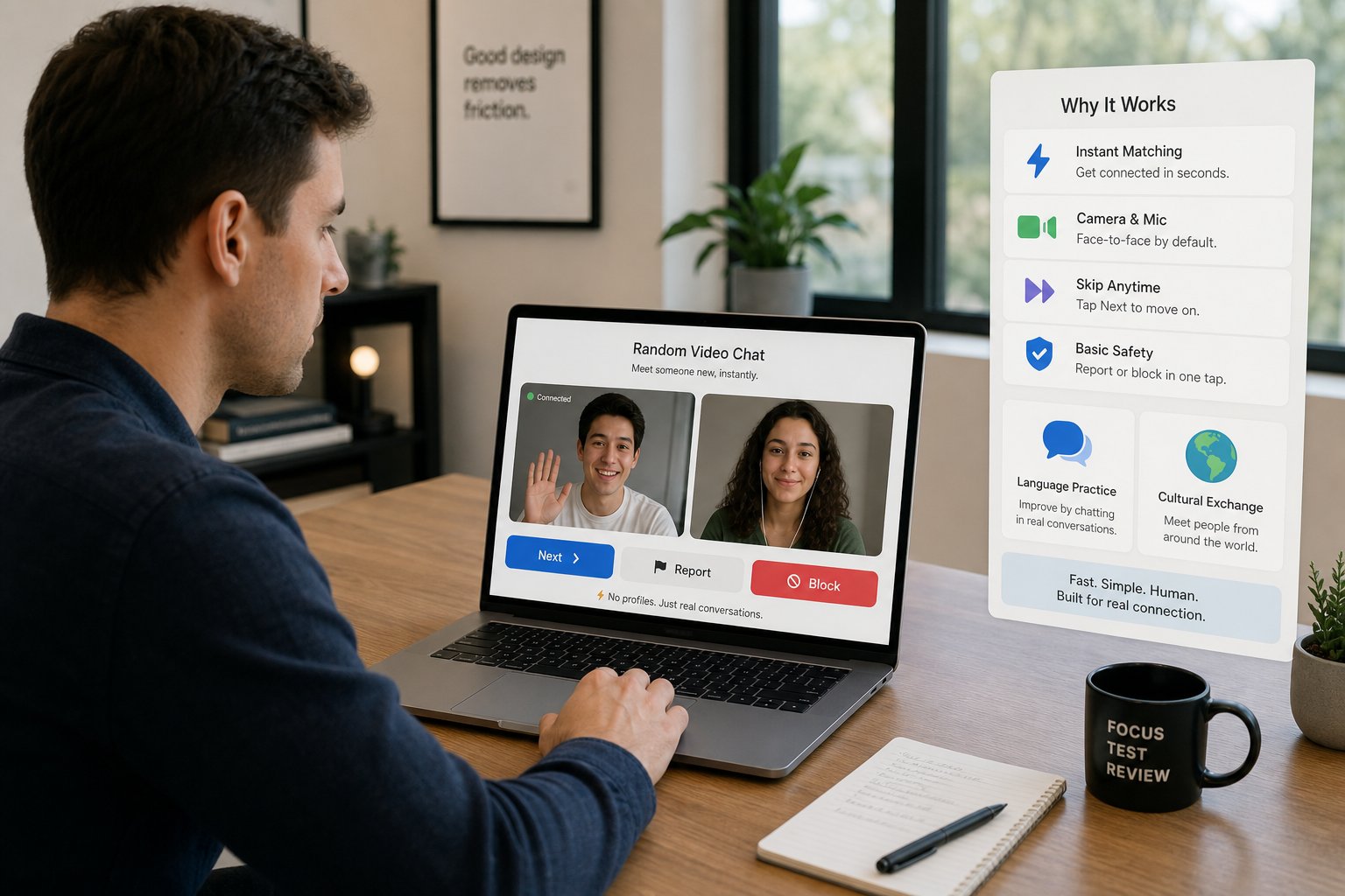Reviewer at laptop showing random video chat app features and safety controls.