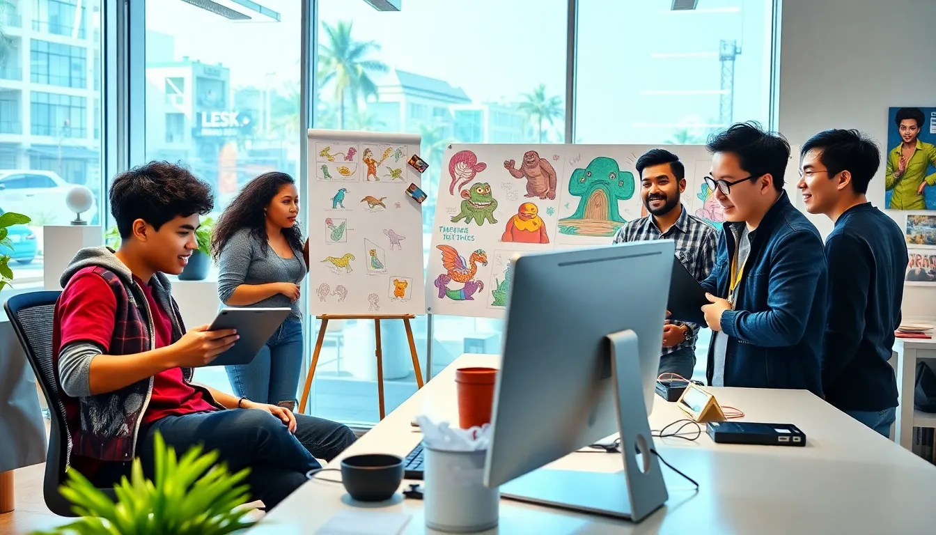 diverse team collaborating on game development in a creative workspace.