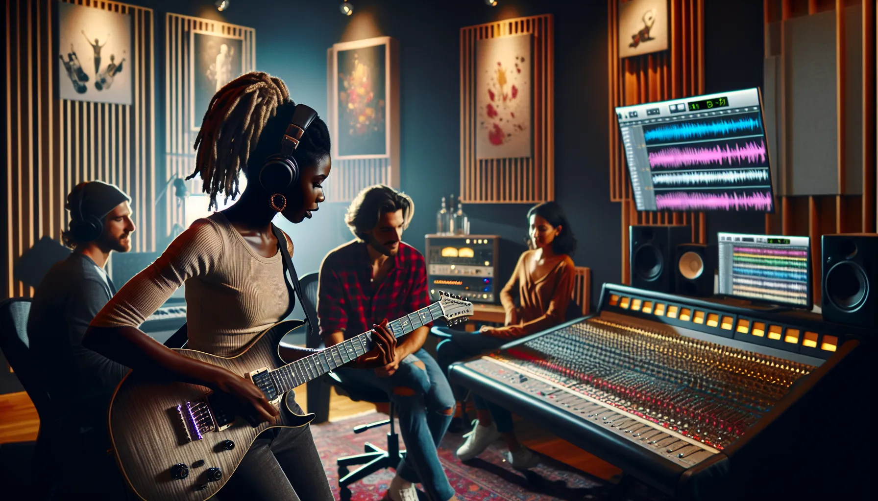 musicians collaborating in a modern studio with Drop A tuning guitars.