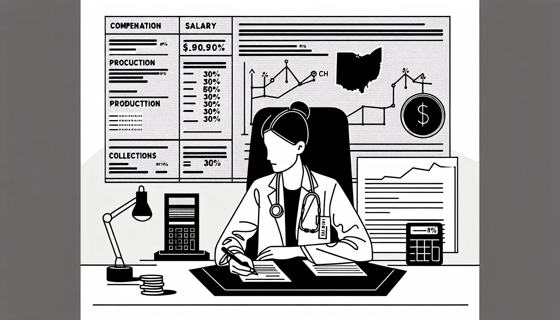 Veterinarian reviewing a compensation contract with Ohio map and payment icons.