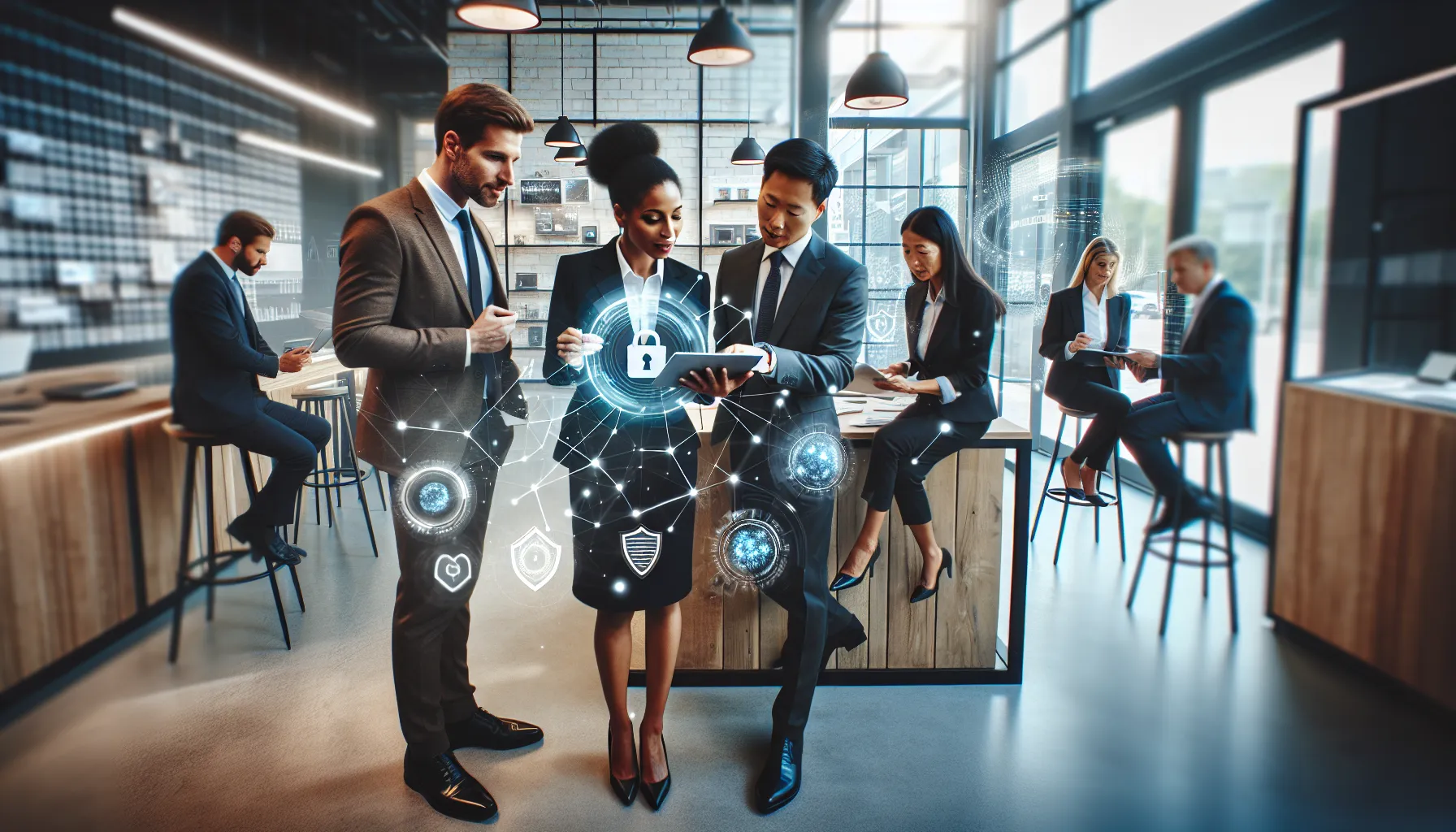 professionals collaborating in a tech store showcasing rcujcnfnc features.