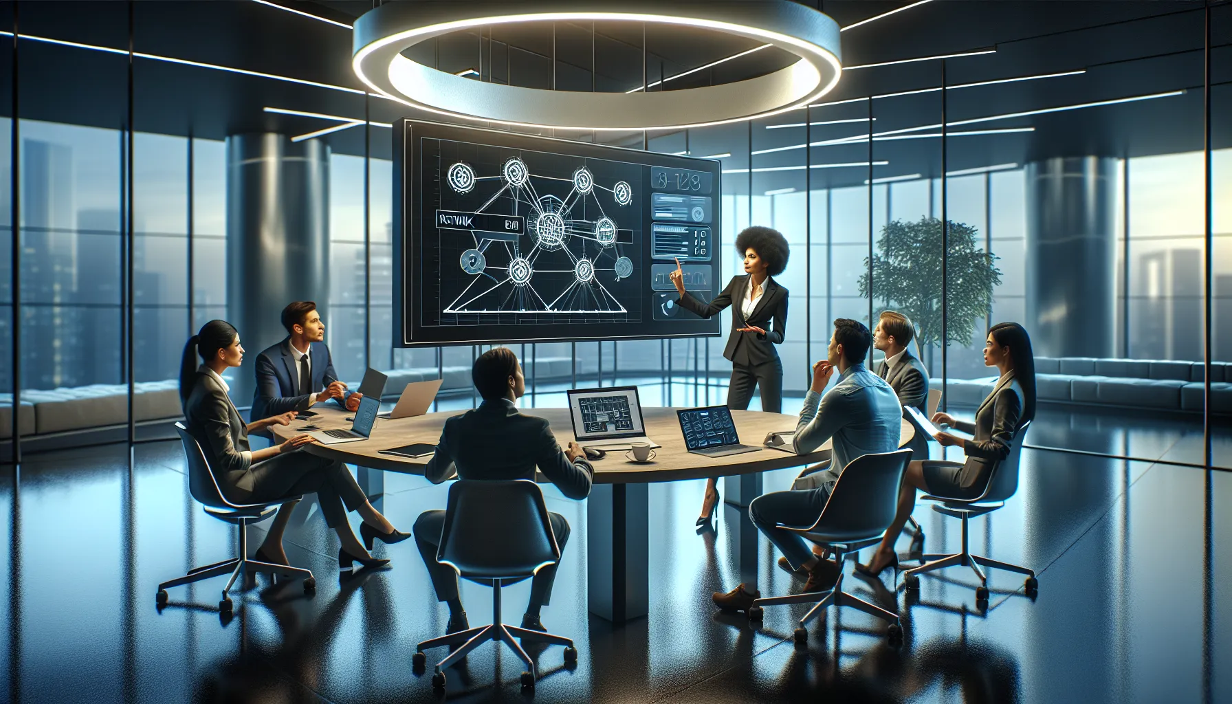 diverse IT team discussing network configurations in a modern office.