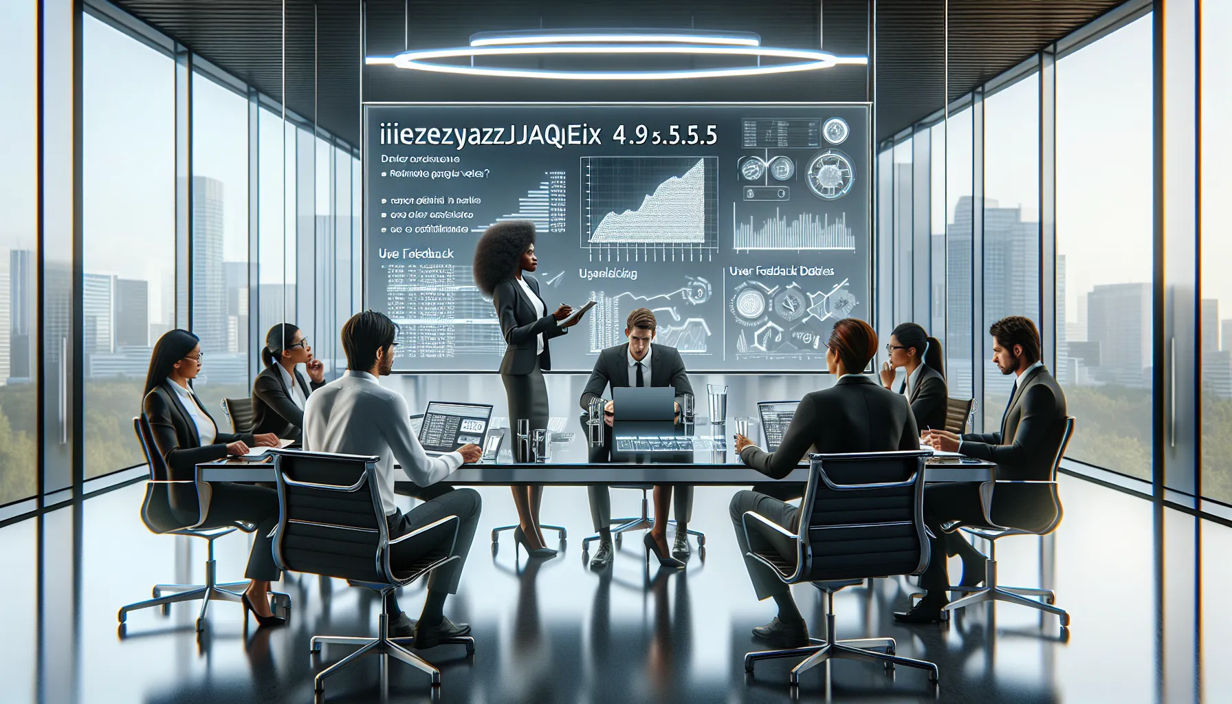 diverse professionals discussing software updates in a modern office.