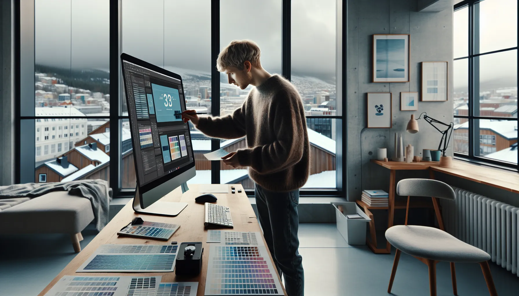 Designer in norwegian studio matching brand colors on screen and print proof.