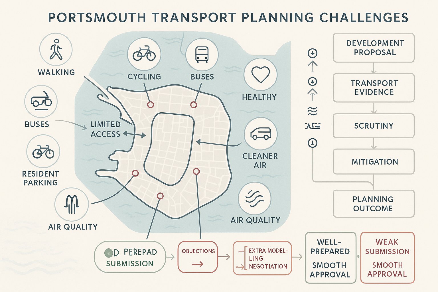 Infographic showing Portsmouth transport constraints, planning risks, and sustainable travel priorities.