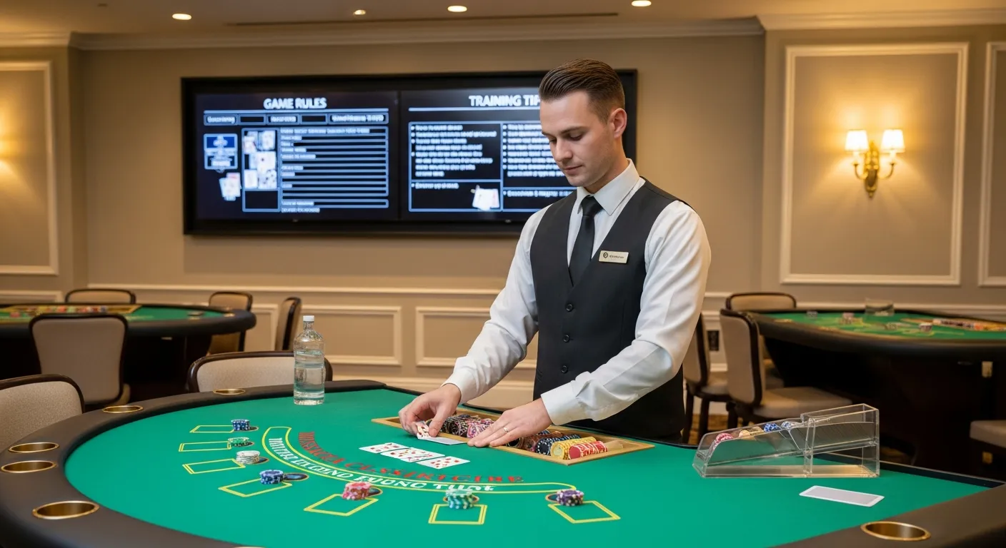 casino dealer confidently training at blackjack table in US casino