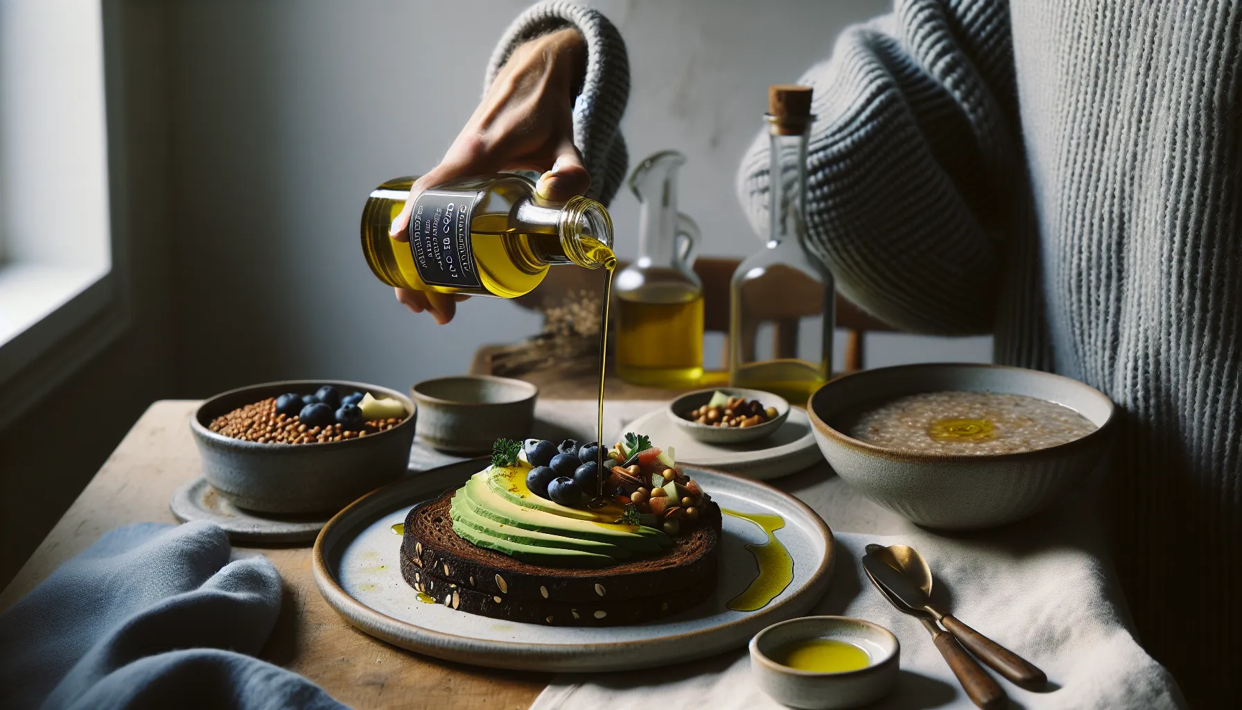 Hand pours rapeseed oil on avocado rye toast with legumes, nuts, and fruit.
