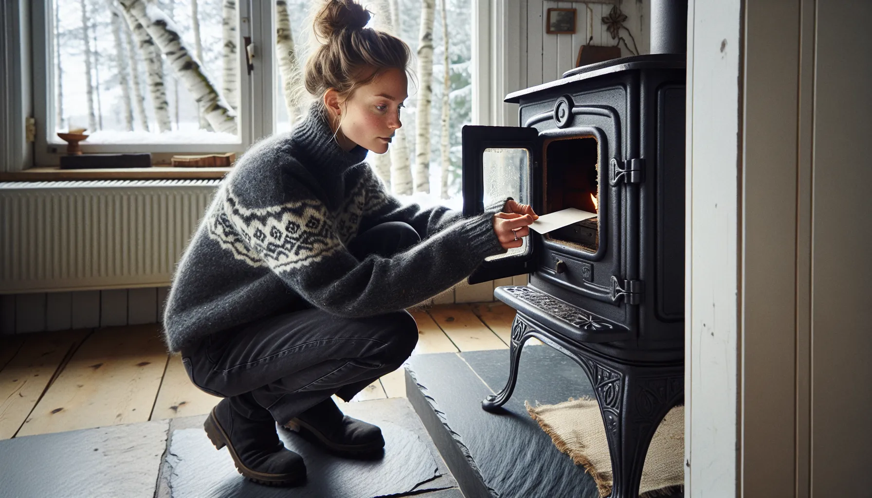 Norwegian homeowner testing an old wood stove door gasket with paper.