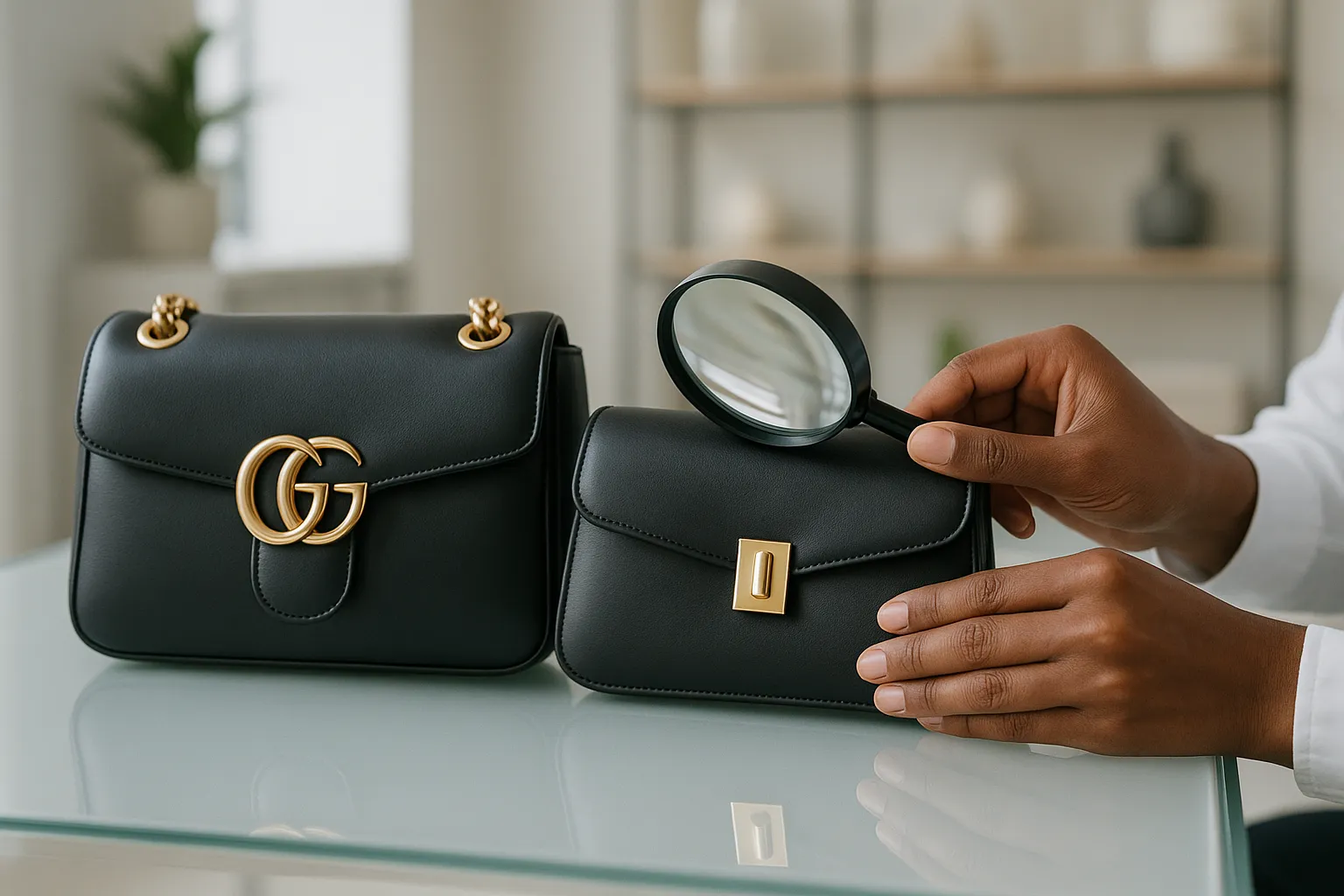 hands inspecting luxury and replica handbags on a sleek table
