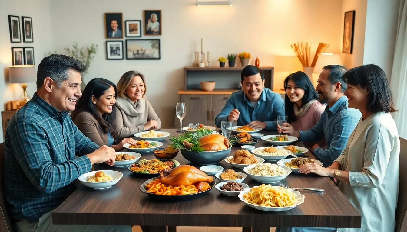 diverse family enjoying a meal in a cozy modern dining room.