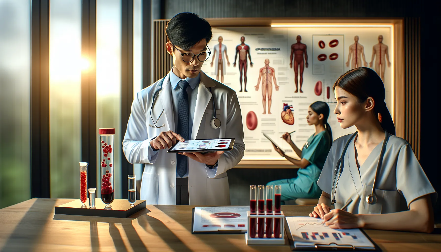 diverse healthcare team discussing hipofibrinogenemia treatment options.