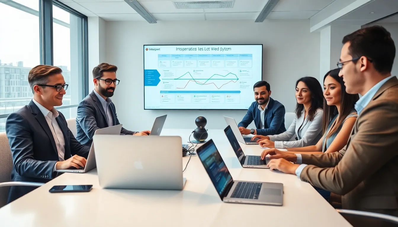diverse IT team collaborating on a legacy system retrofit in a modern office.
