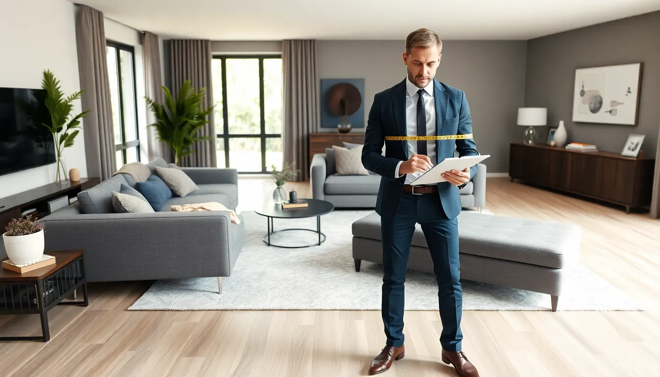 designer measuring room dimensions in a modern living space.