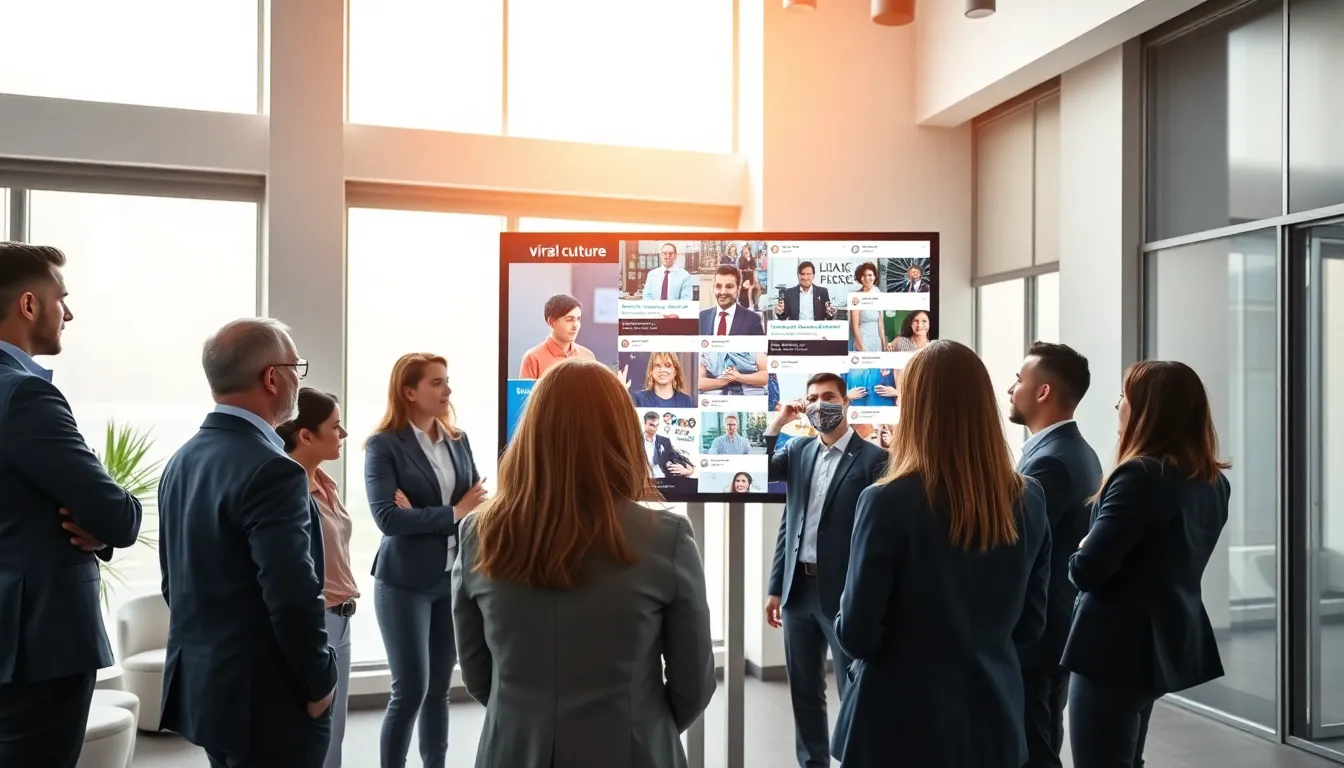 diverse professionals discussing viral trends in a modern office.