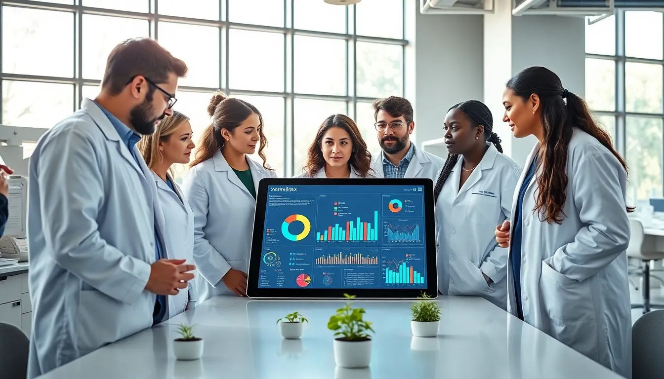 diverse researchers discussing xerikakirex in a modern lab.