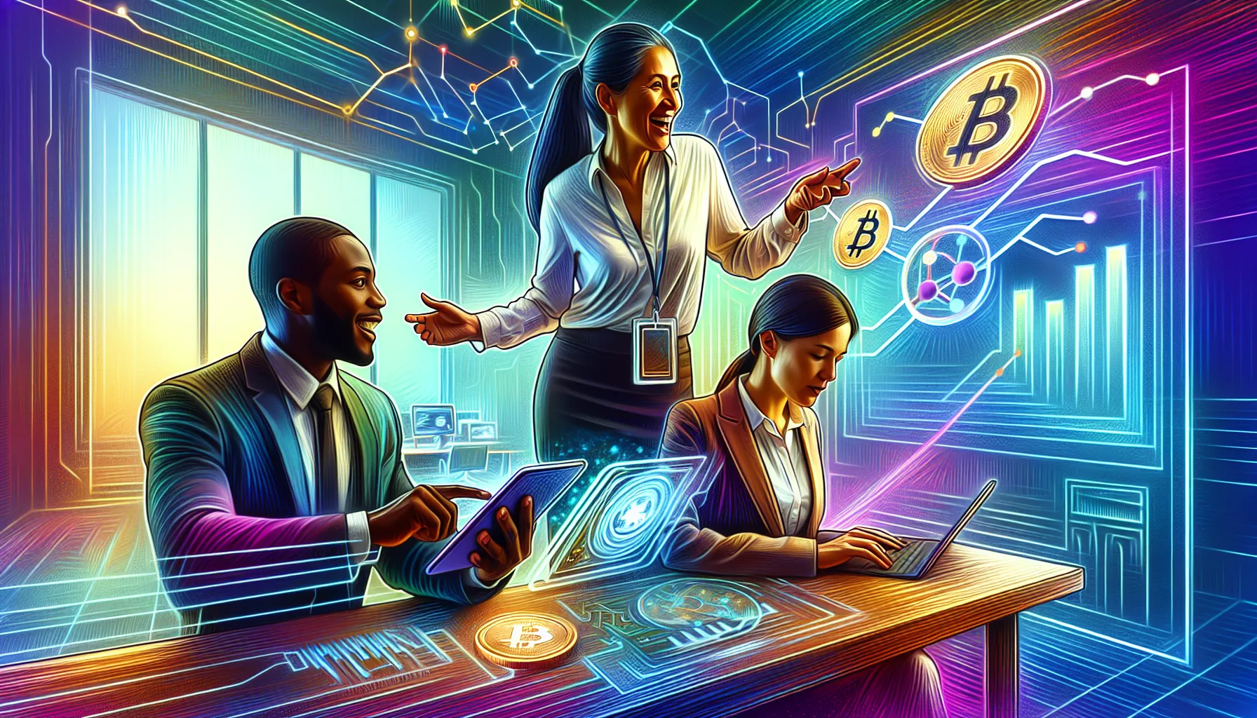 diverse team discussing cryptocurrency in a modern office.