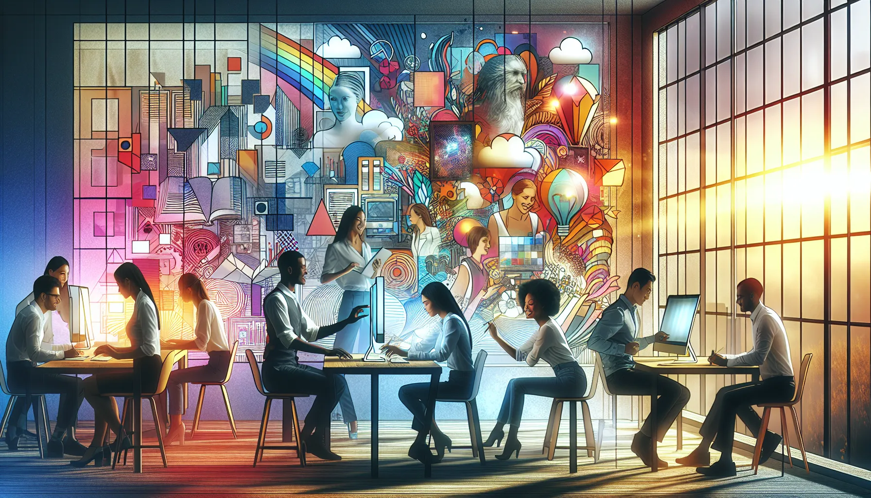 diverse professionals collaborating in a creative digital workspace.