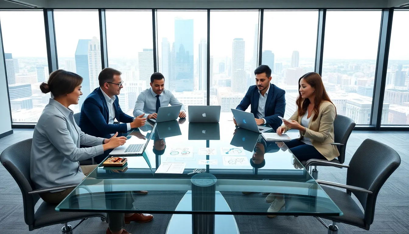diverse professionals collaborating around a conference table in a modern office.