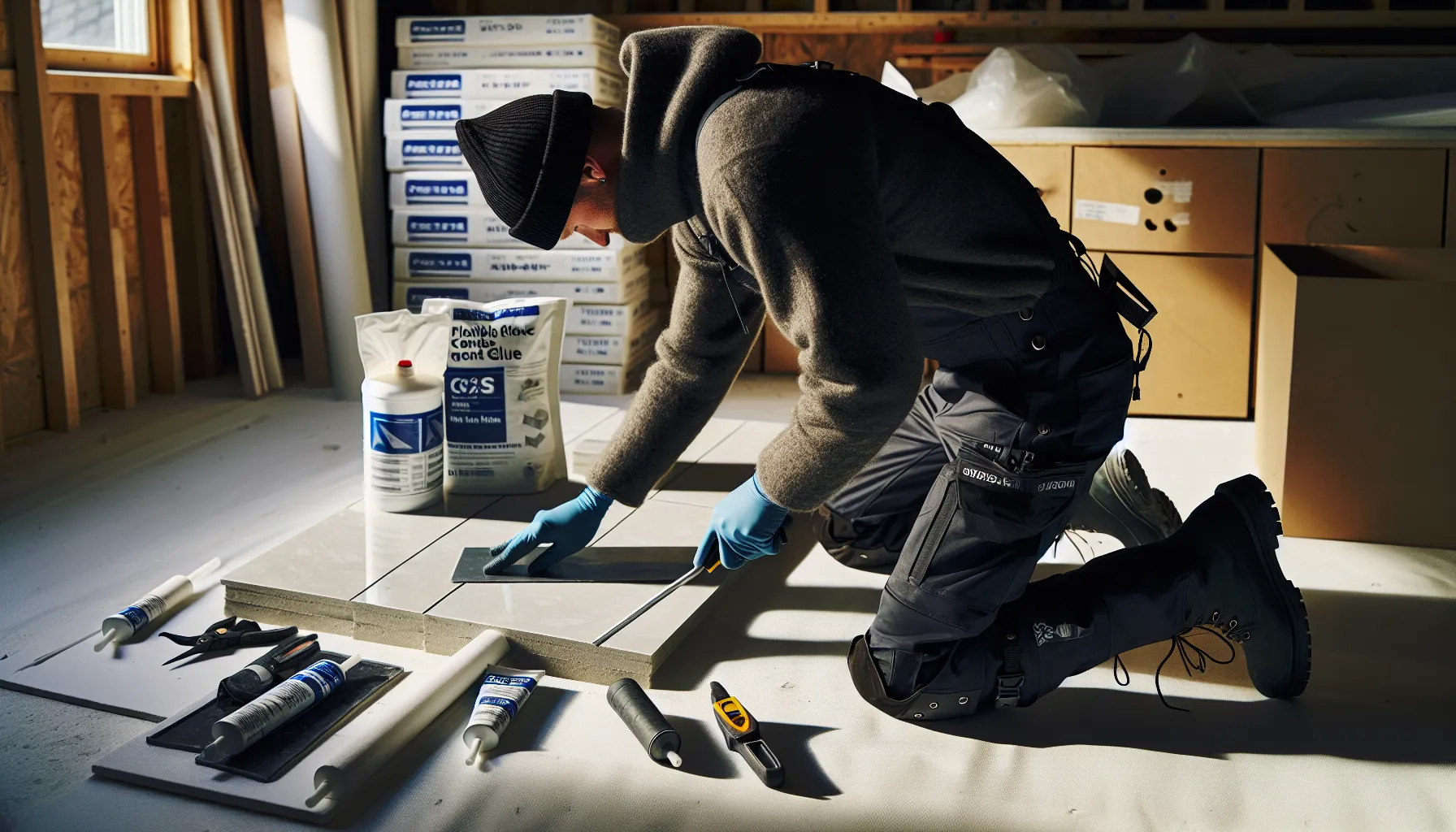 Installer trowels white adhesive on marble tile with fasteners and adhesives nearby.