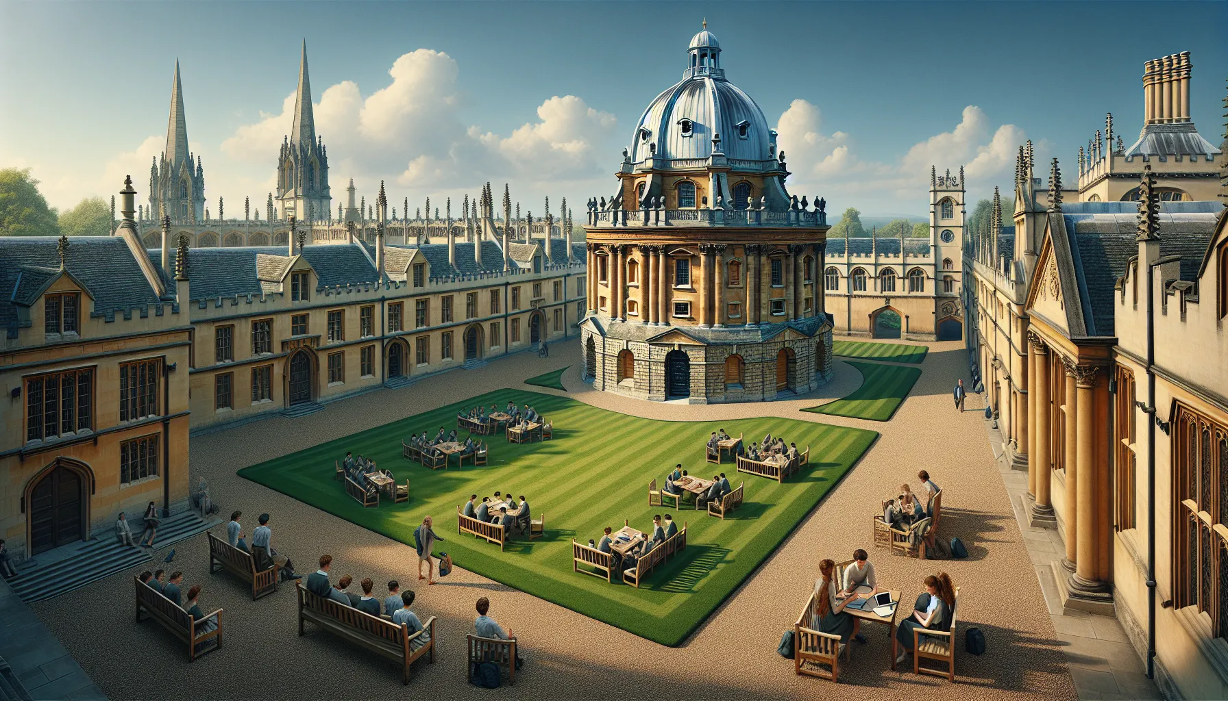 Historic Radcliffe Camera building at the University of Oxford on a sunny day.