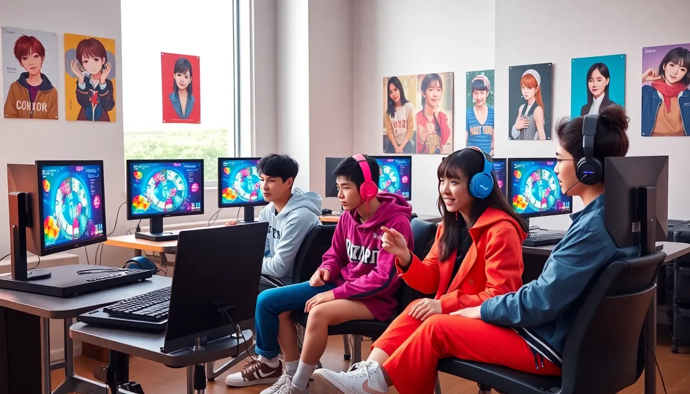 diverse gamers in stylish outfits enjoying Kdraydink in a modern setting.