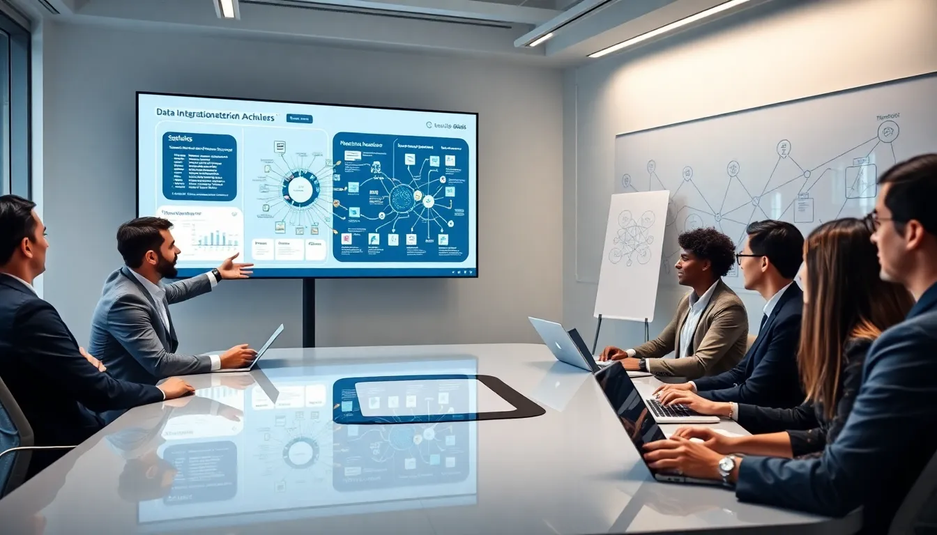 diverse team collaborating in a modern office on data integration architecture.