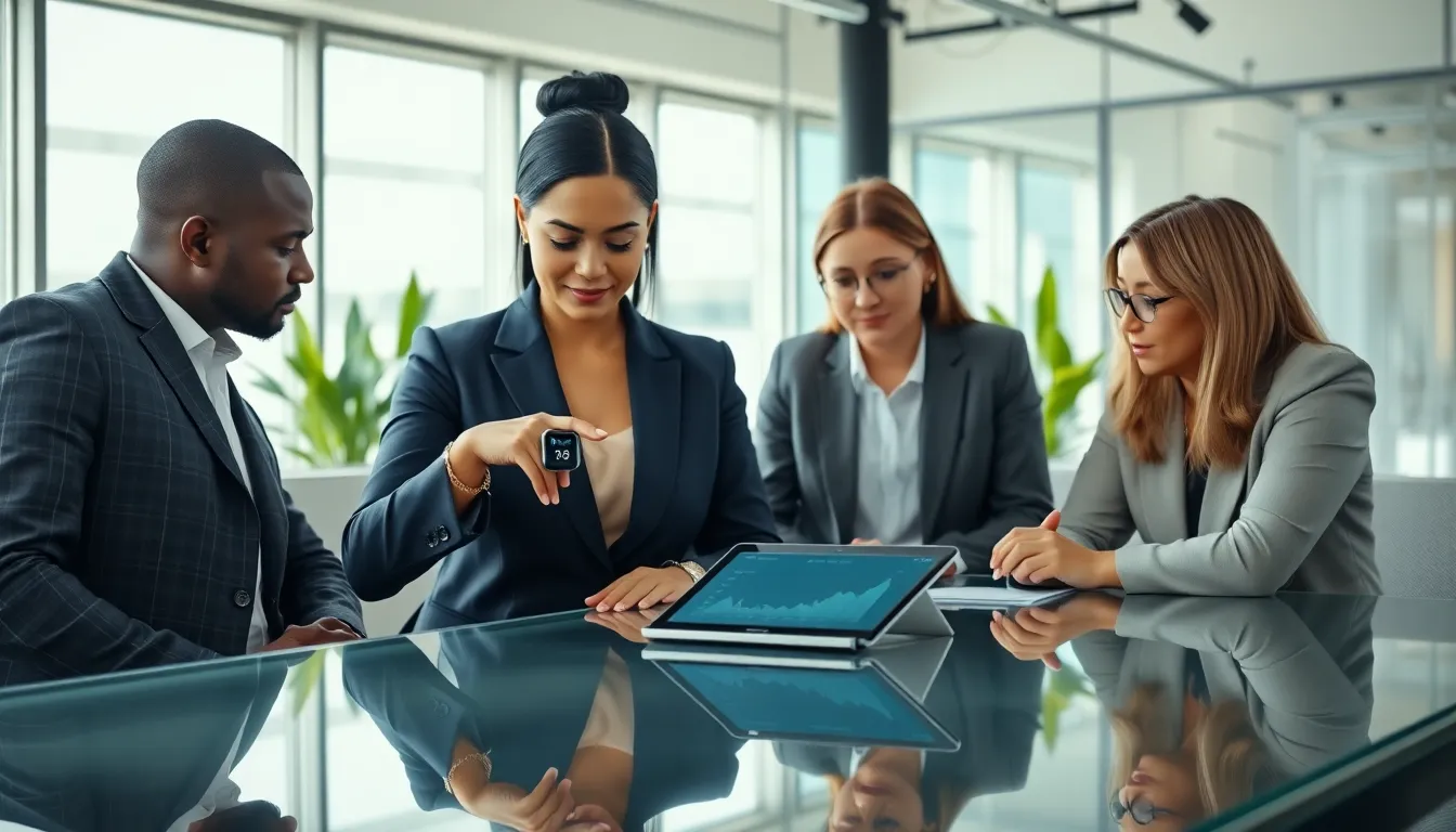diverse professionals discussing insurance wearables in a modern office.