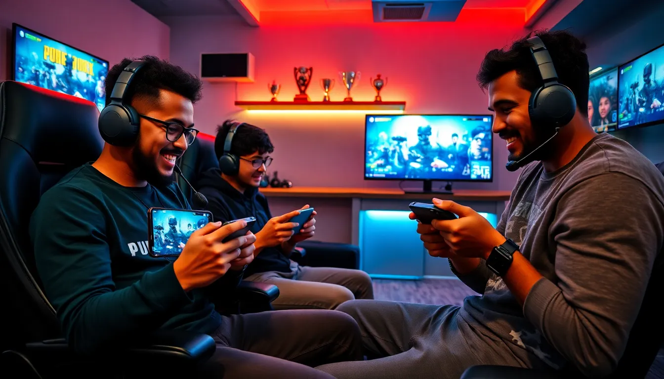 three gamers using controllers in a modern gaming lounge.