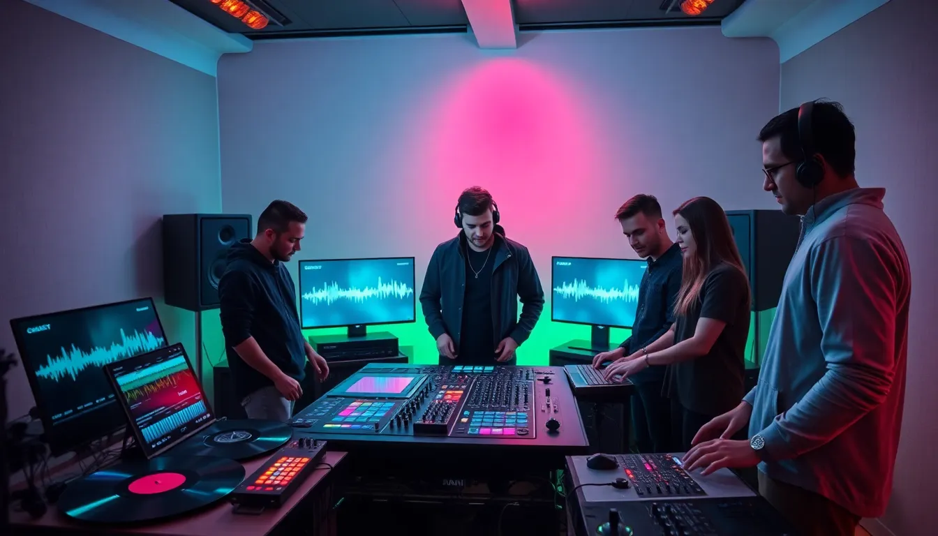Diverse DJs collaborating in a modern music studio.