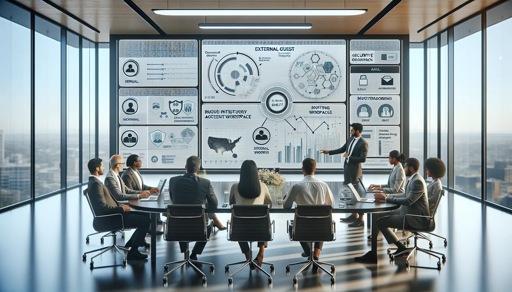 Professionals review secure Power BI sharing with external guest users in a modern office.