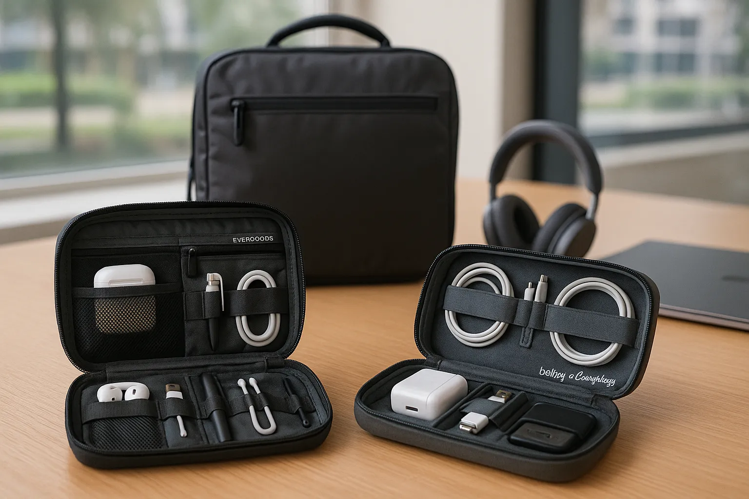 Organized tech pouches and work essentials on a modern desk.