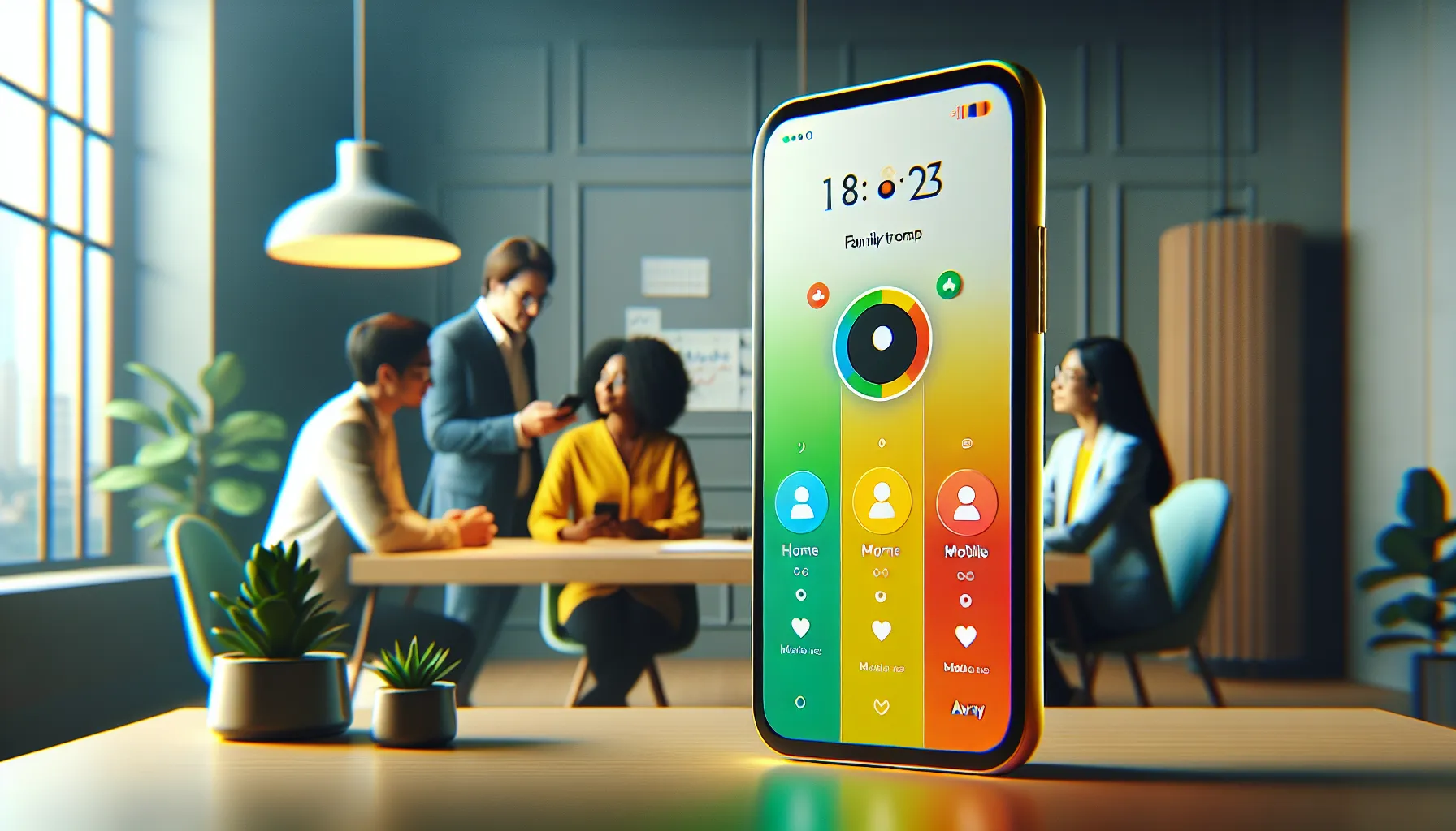Smartphone showing Life360 app interface with colored status bubbles.
