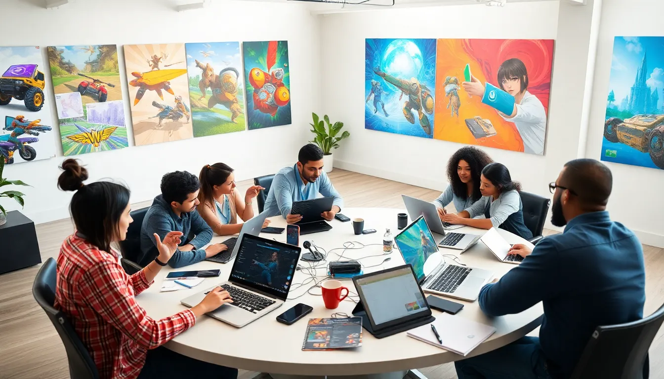 diverse team brainstorming game ideas in a modern office.