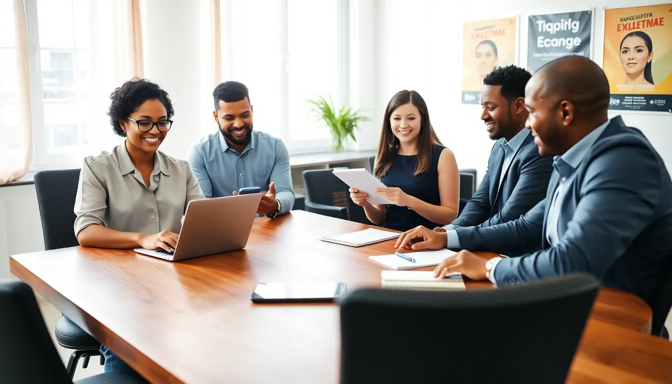 a diverse team of event planners collaborating in a bright office space.