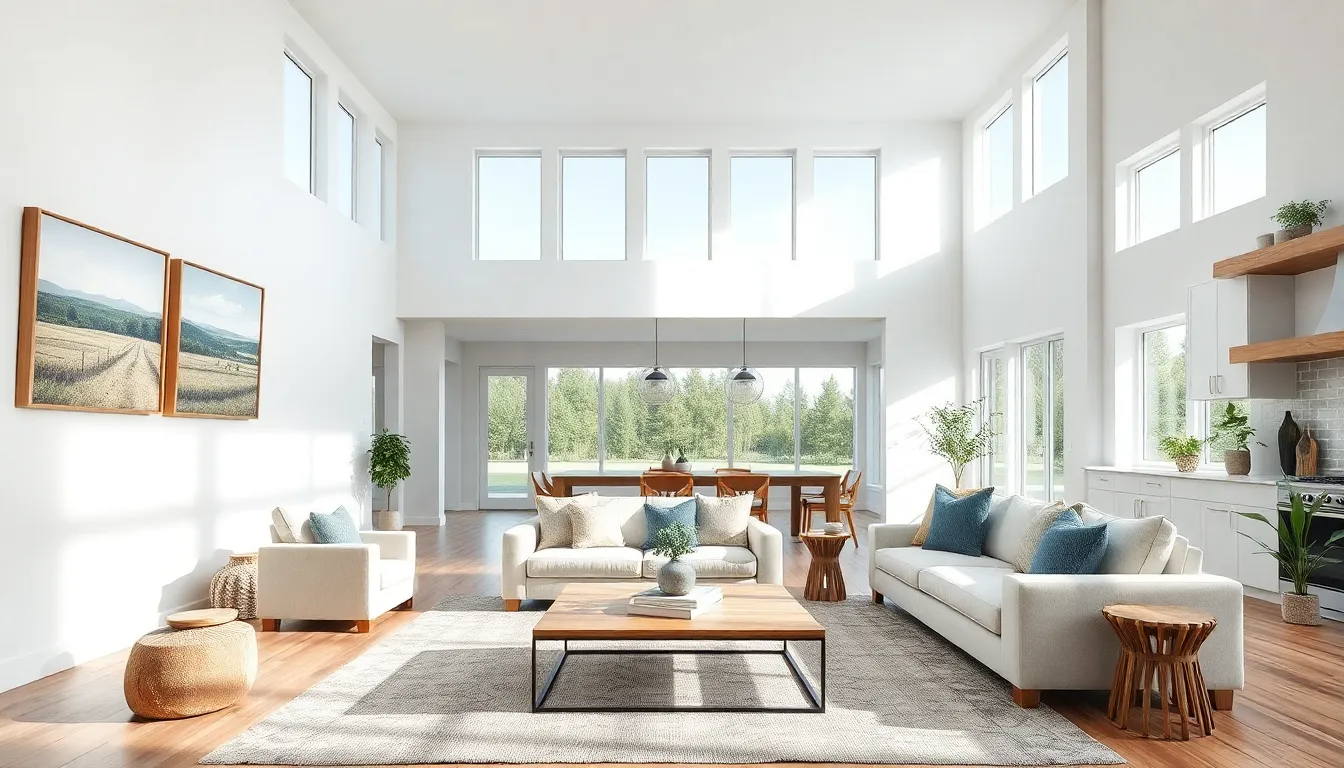 modern farmhouse interior with open layout and natural elements.