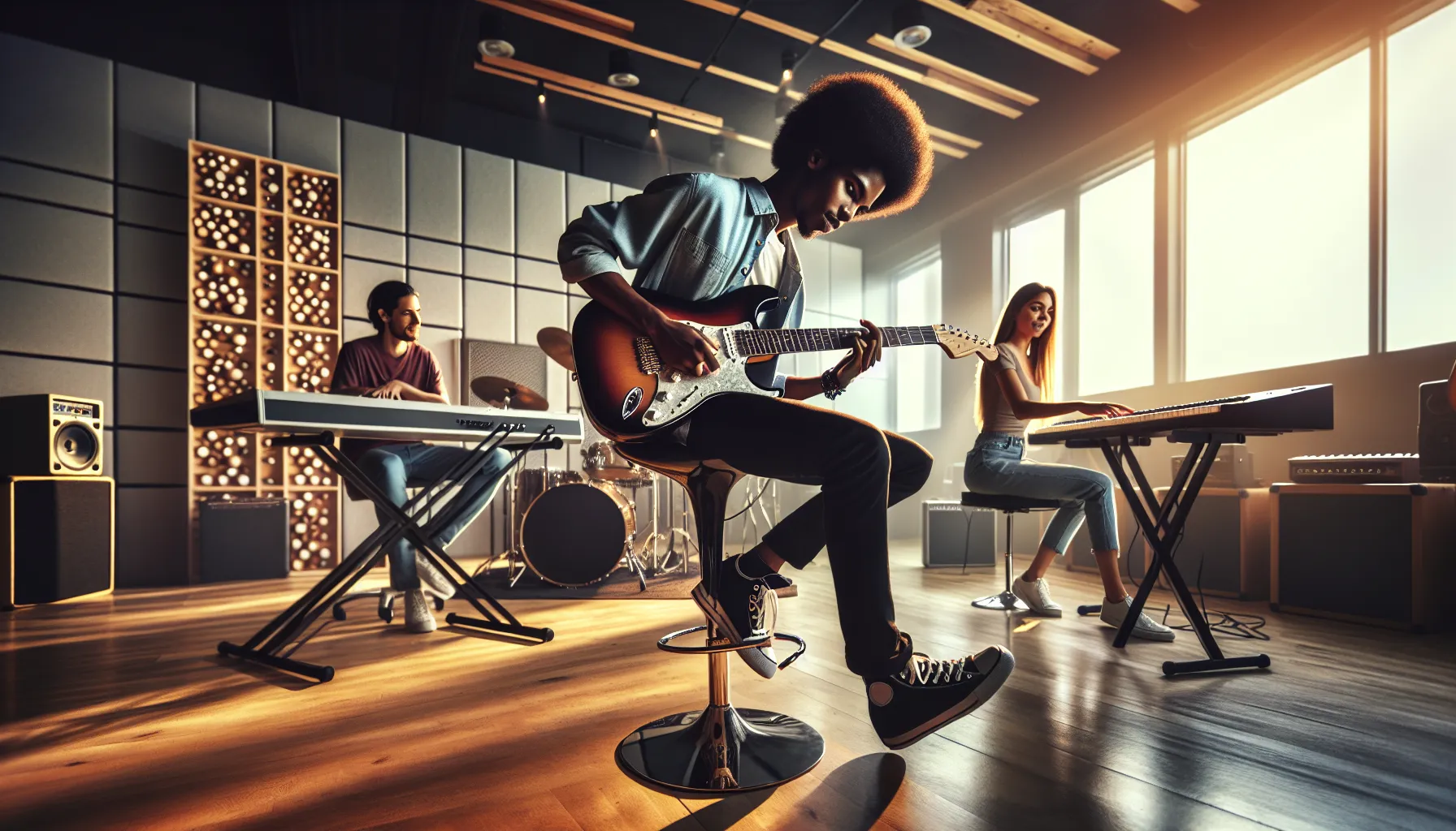 musicians collaborating in a modern studio while practicing open E tuning on instruments.
