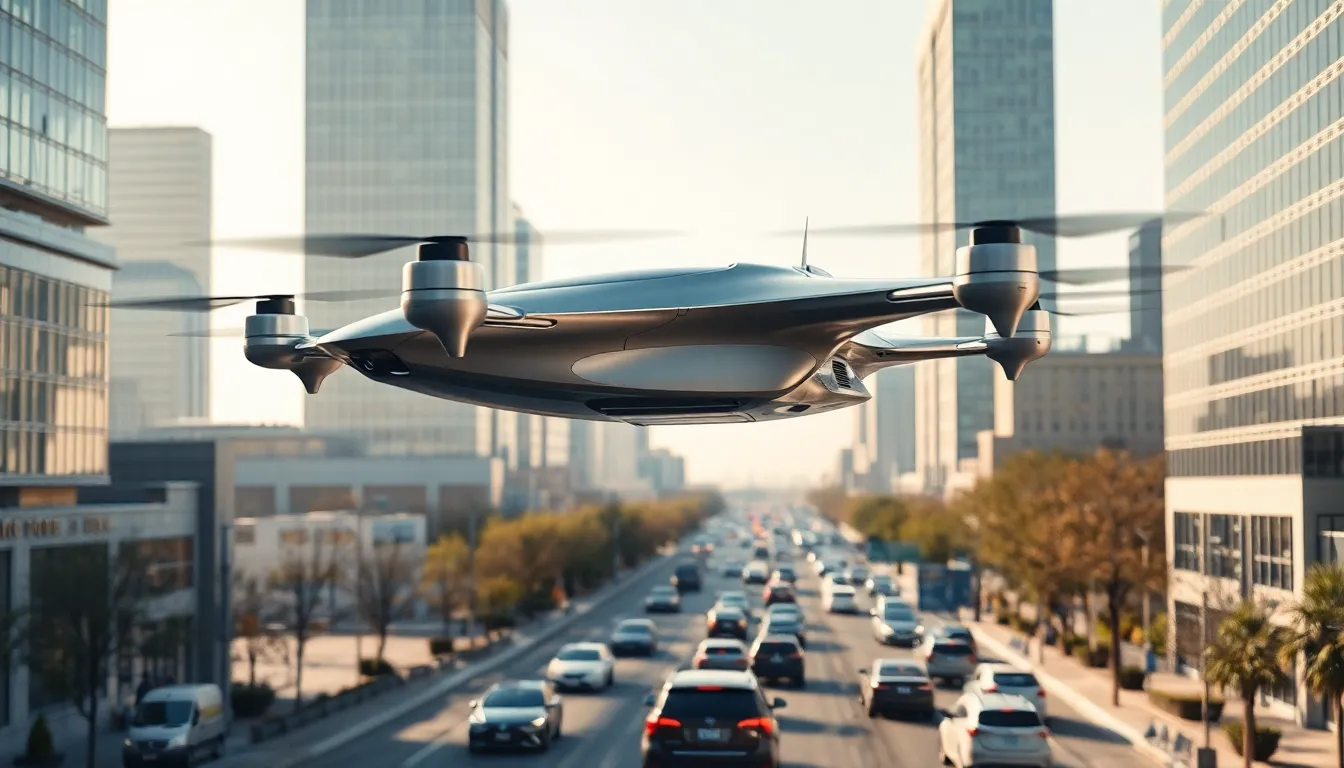 futuristic car drone hovering above a busy city street.