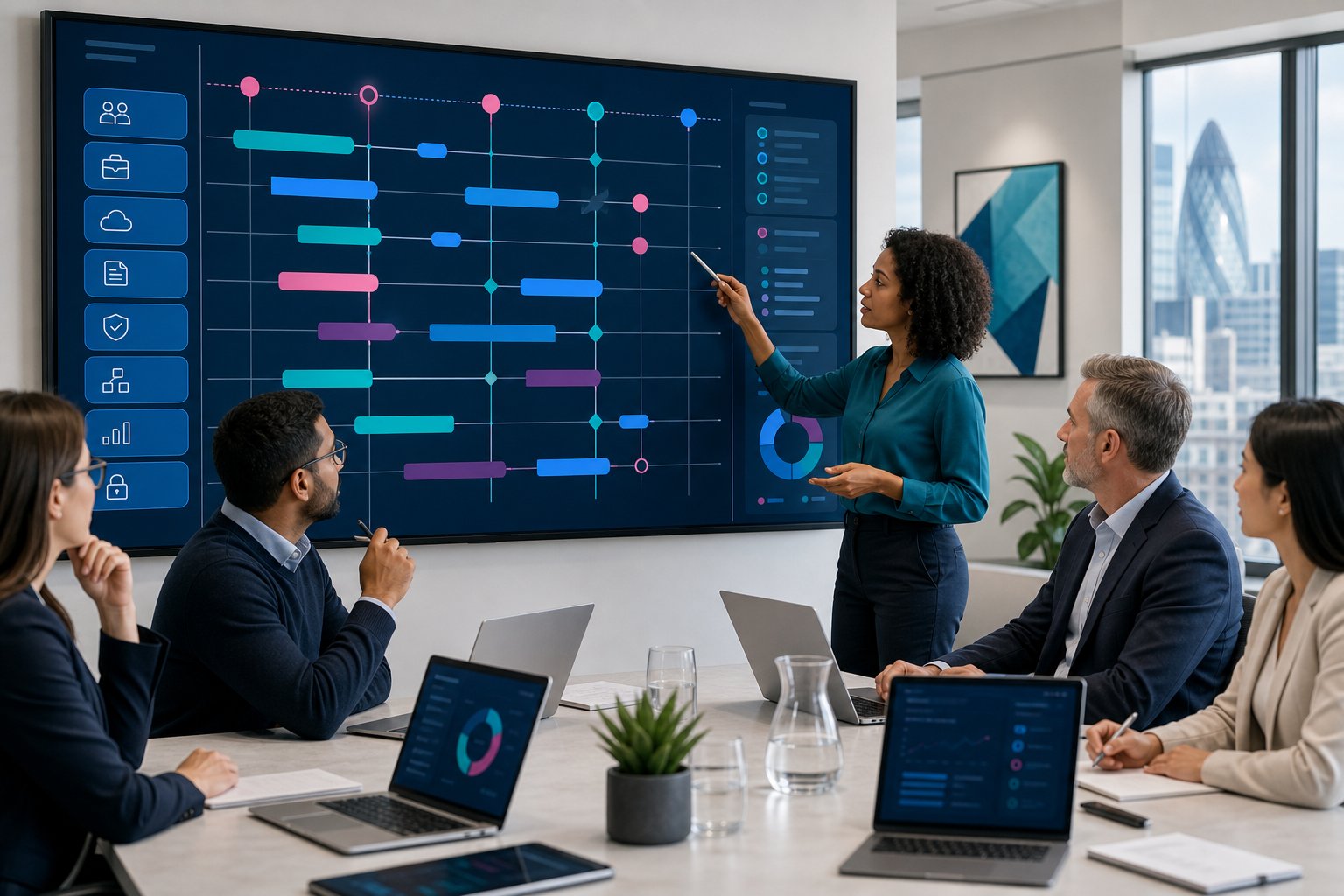 team reviewing a portal development timeline in a modern office